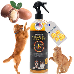 Pawlio ArganPet water-free shampoo bottle, 16oz, with a pump dispenser, designed for no-rinse coat cleaning for pets.