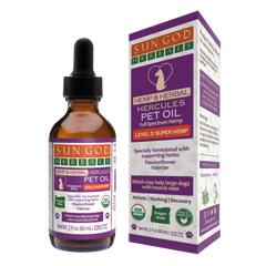 Pawlio Hercules Herbal Pet Oil with herbs for muscle support and relaxation, shown in a small bottle with herbal ingredients.