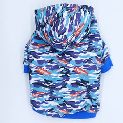 Pet wearing a chic camouflage hoodie from Pawlio, featuring a cozy fit and stylish camo pattern for dogs or cats.