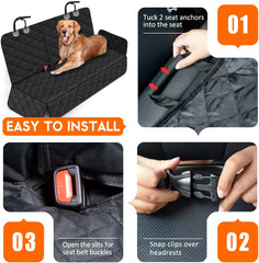 Pawlio™ Universal Dog Back Seat Cover showing durable fabric, adjustable straps, and compatibility with car armrest for pet travel protection.