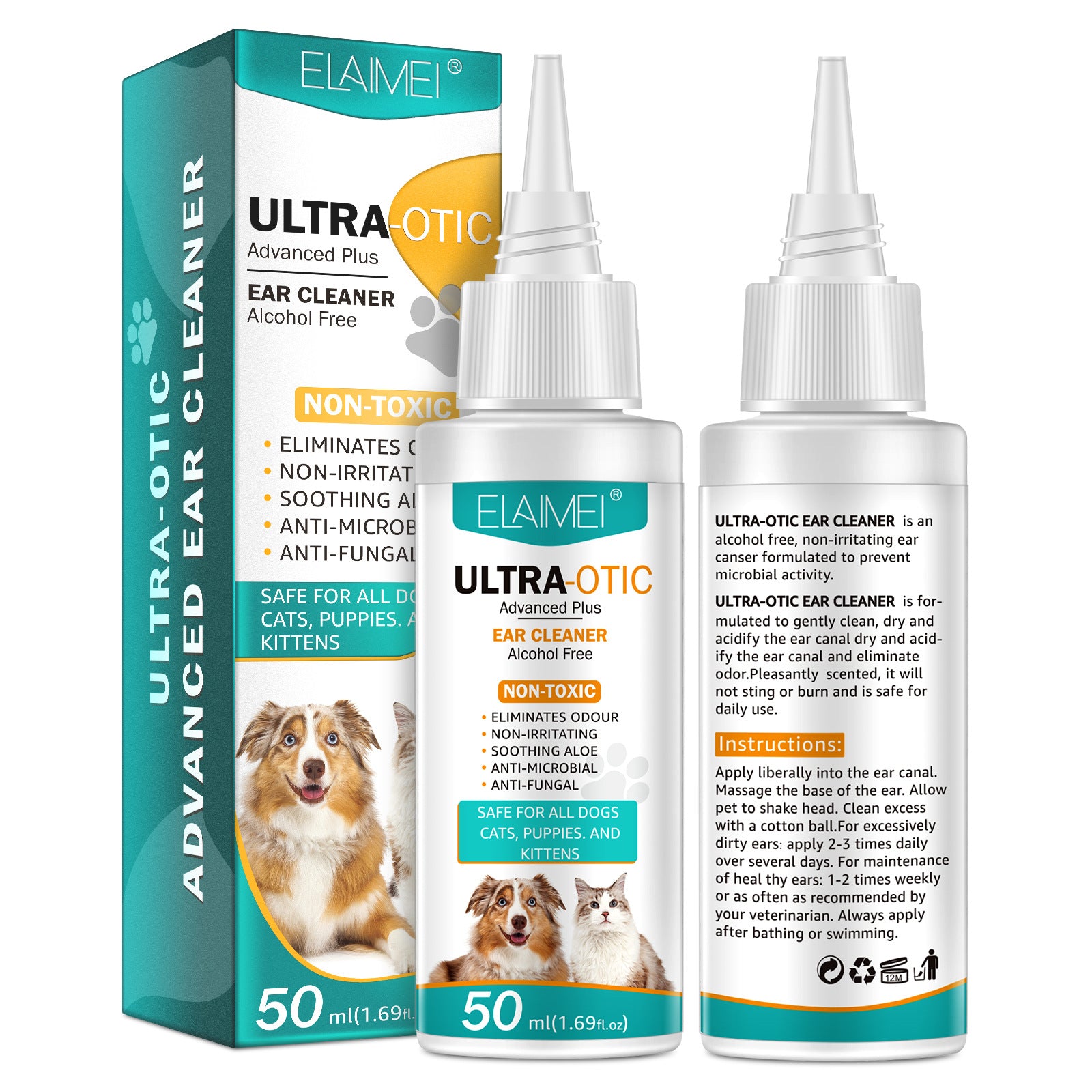 Pawlio Pet Ear Cleaner 50ml bottle with applicator tip, designed for gentle ear cleaning of dogs and cats.