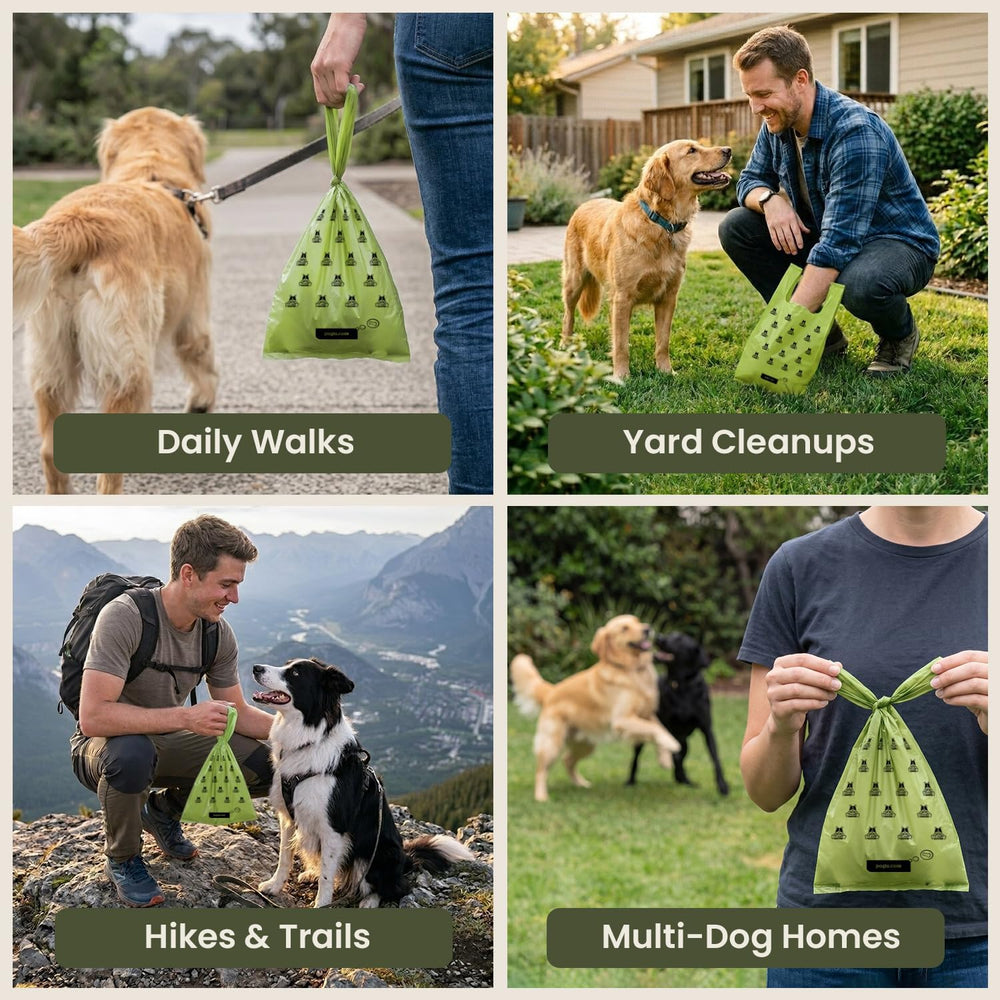 Pawlio™ extra-thick dog poop bags with handles, 300 count, showing durable, black waste disposal bags for pet cleanup.