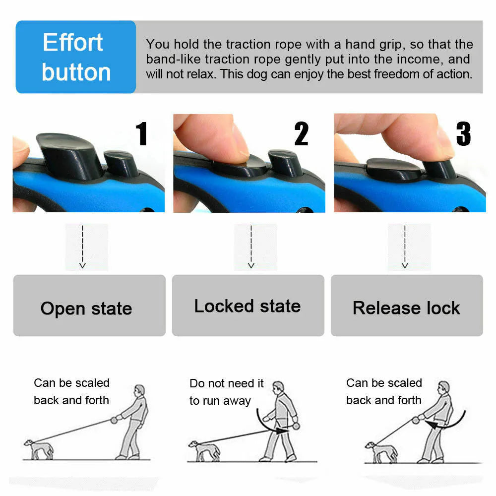 Pawlio™ automatic retractable dog leash with brake and lock safety system, featuring a durable nylon leash and ergonomic handle.