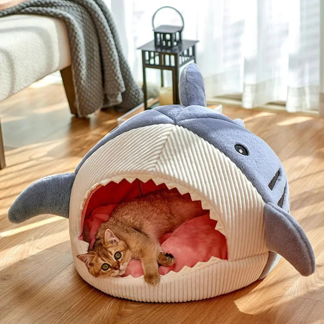 Pawlio™ Luxury Plush Shark Pet Bed with cozy cave design, ideal for dogs and cats, soft plush material and shark shape.