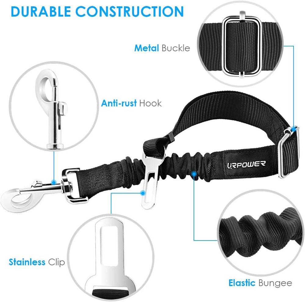 Pawlio™ 2-pack retractable pet car seat belts with shock-absorbing safety features, shown attached to a pet harness in a vehicle.