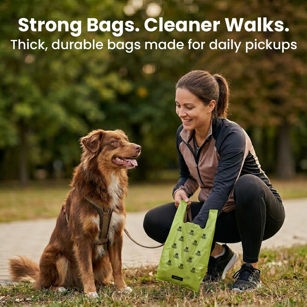 Pawlio™ extra-thick dog poop bags with handles, 300-count pack, shown open with handles ready for use.