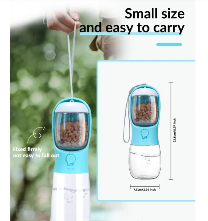 Portable Pawlio dog water bottle with a compact design, featuring a built-in water dish for easy hydration on outdoor walks.