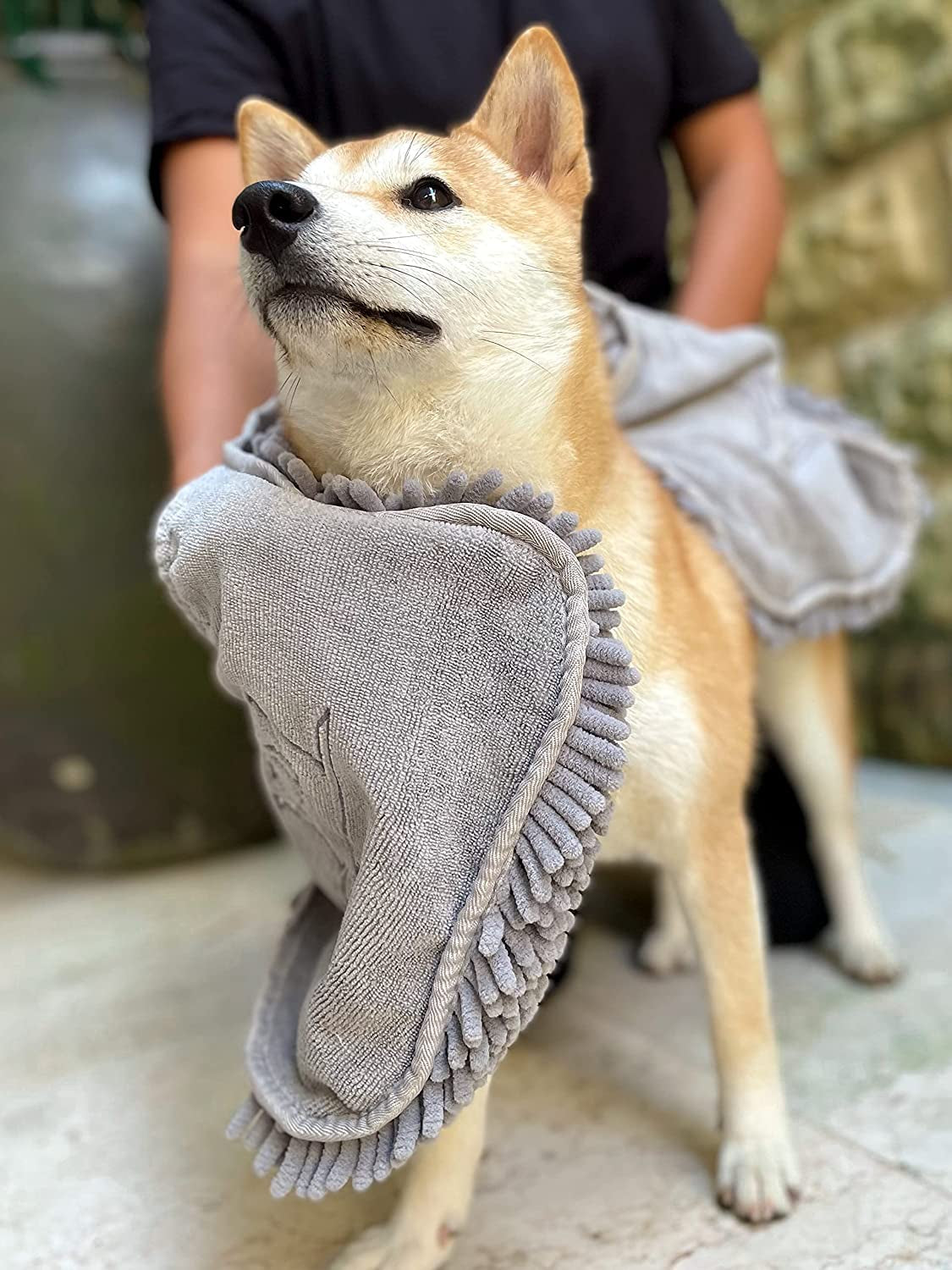 Extra large Pawlio™ Ultra-Absorbent Quick-Dry Microfiber Dog Towel laid out on a surface, showing its soft, plush texture.