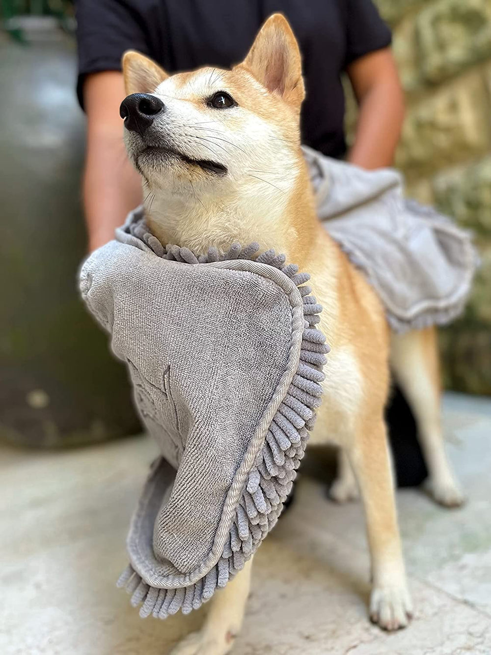 Extra large Pawlio™ Ultra-Absorbent Quick-Dry Microfiber Dog Towel laid out on a surface, showing its soft, plush texture.