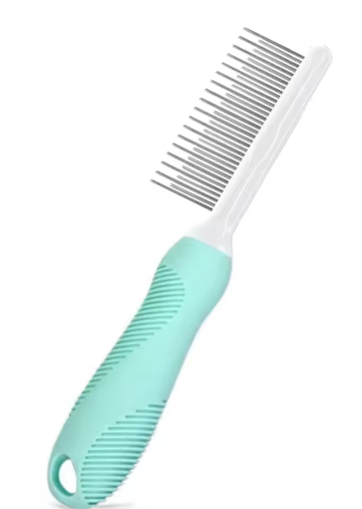 Pawlio FurMaster single pet comb with fine and wide teeth for grooming cats and dogs, easy to hold and gentle on fur.
