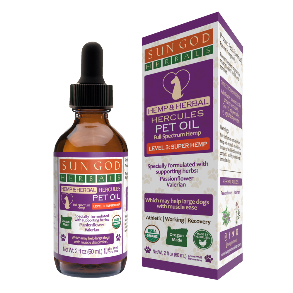 Pawlio Hercules Herbal Pet Oil with herbs for muscle support and relaxation, shown in a small bottle with herbal ingredients.
