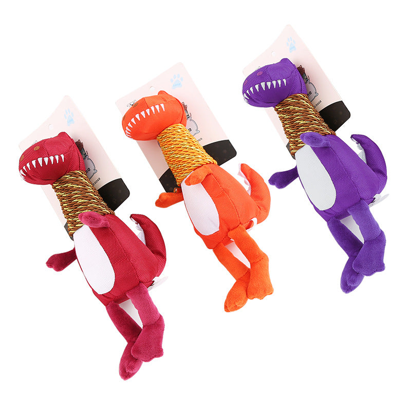 Chewy Dino Squeak Toy for Dogs by Pawlio featuring a colorful plush dinosaur with a squeaker inside for interactive play