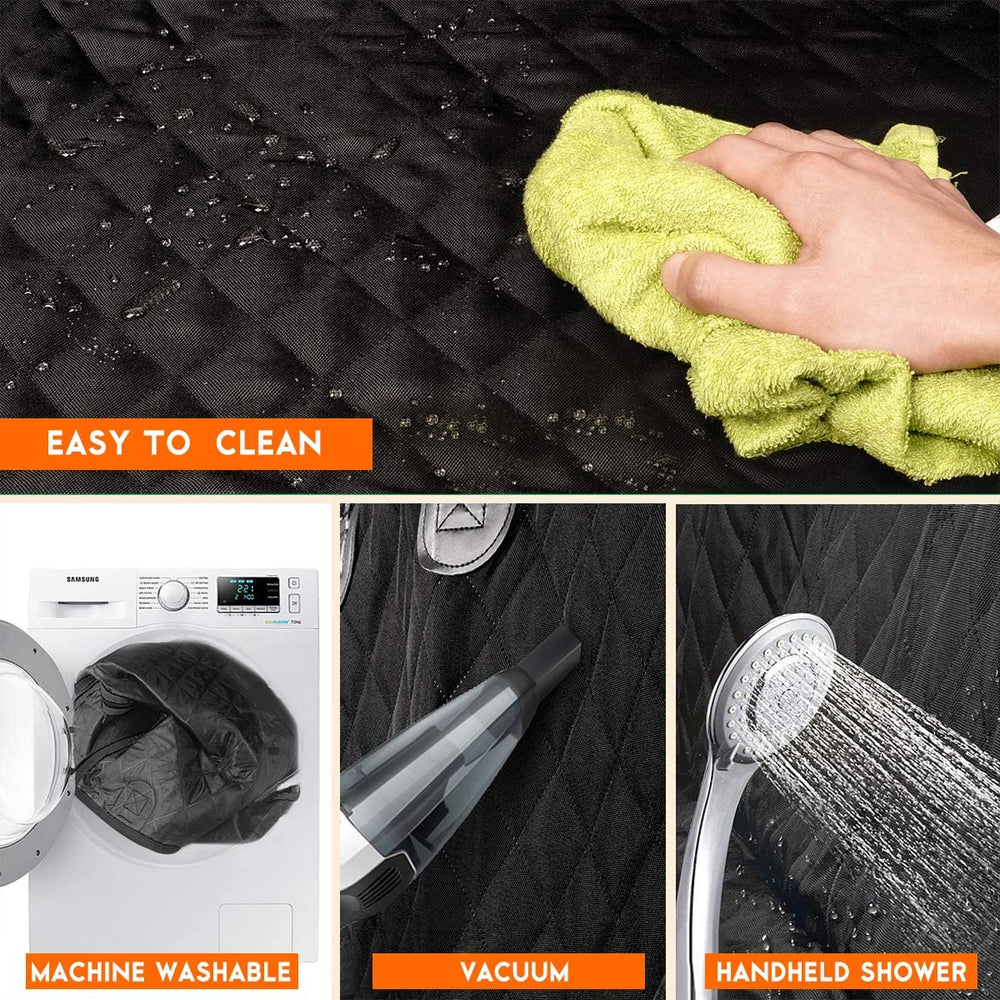 Pawlio™ Universal Dog Back Seat Cover showing durable fabric, adjustable straps, and compatibility with car armrest for pet protection