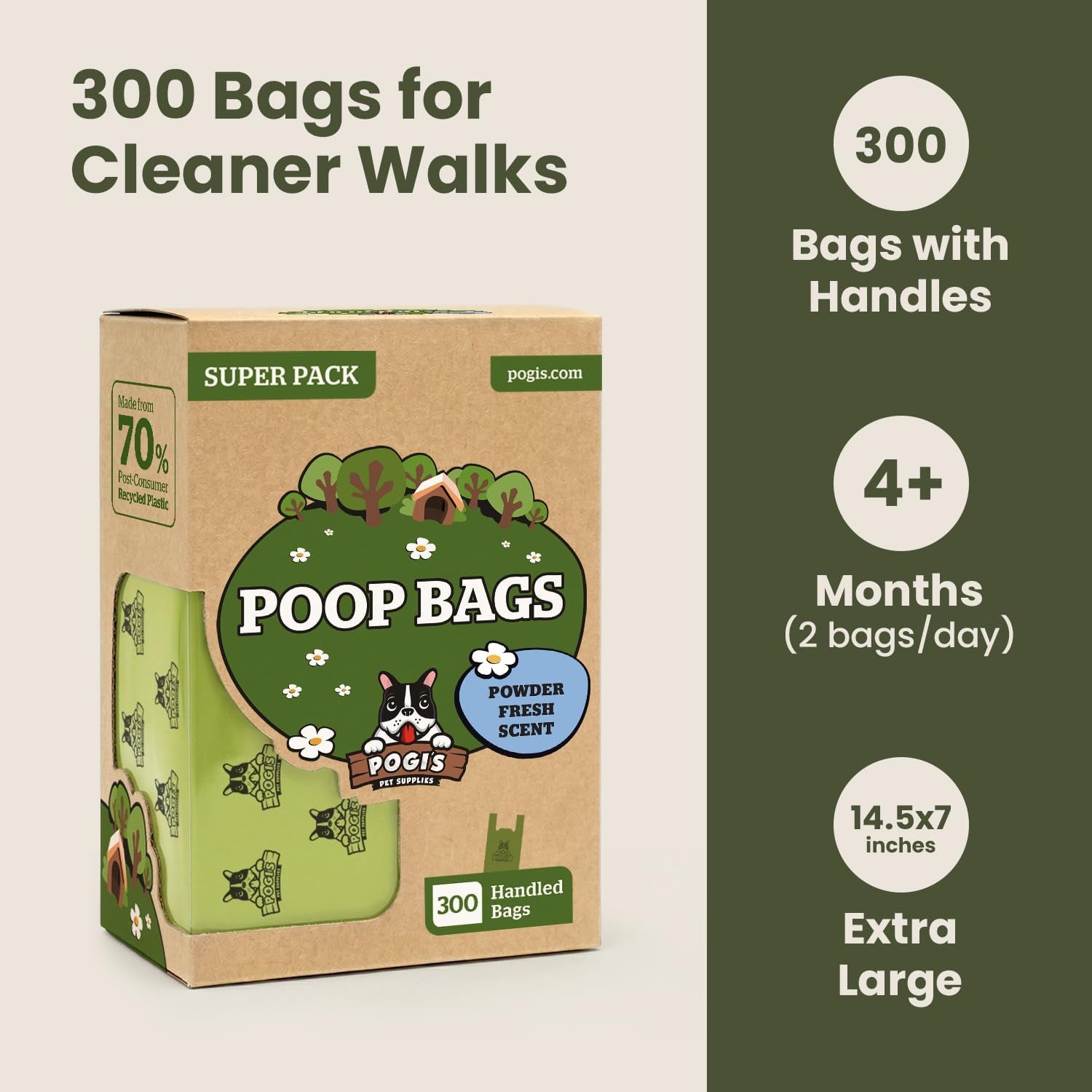 Pawlio™ Extra-Thick Dog Poop Bags with Handles, 300 count, in open packaging showing black biodegradable waste bags for pet cleanup.