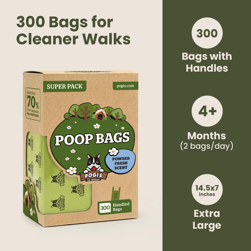 Pawlio™ Extra-Thick Dog Poop Bags with Handles, 300 count, in open packaging showing black biodegradable waste bags for pet cleanup.