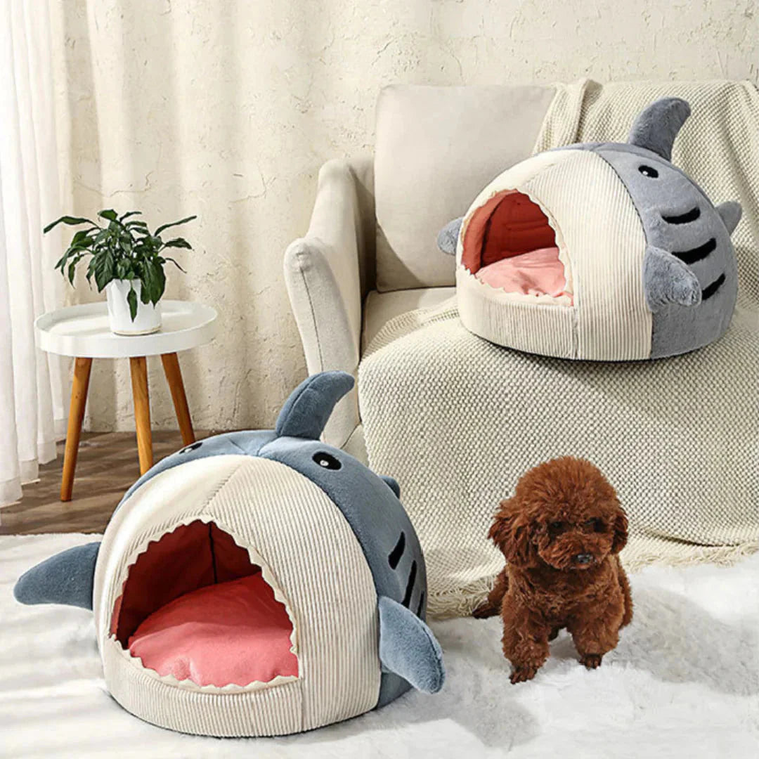 Luxury Plush Shark Pet Bed by Pawlio™ with cozy cave design for dogs and cats, soft and comfortable pet sleeping area.