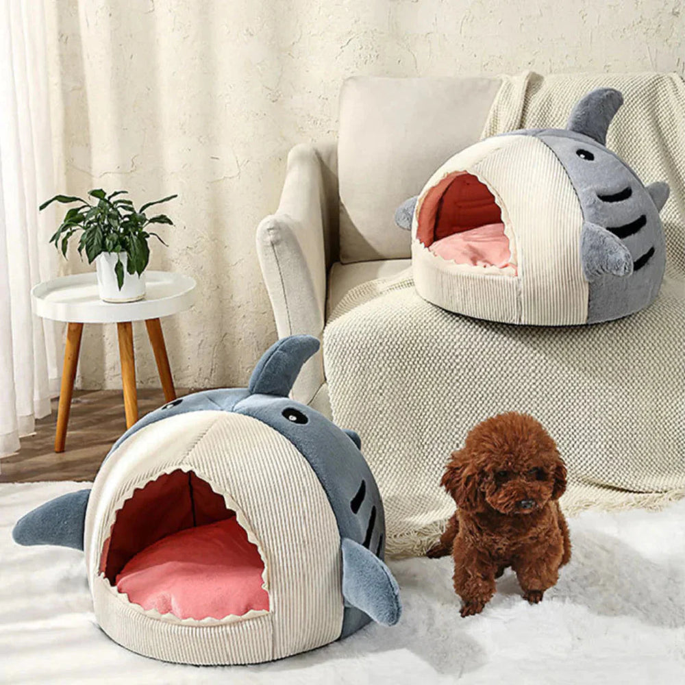 Luxury Plush Shark Pet Bed by Pawlio™ with cozy cave design for dogs and cats, soft and comfortable pet sleeping area.