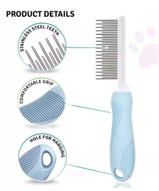 Pawlio FurMaster single pet comb with stainless steel teeth for grooming cats and dogs, featuring ergonomic handle design.