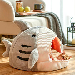 Pawlio™ Luxury Plush Shark Pet Bed showing a cozy, soft cave-style bed with shark design for dogs and cats.
