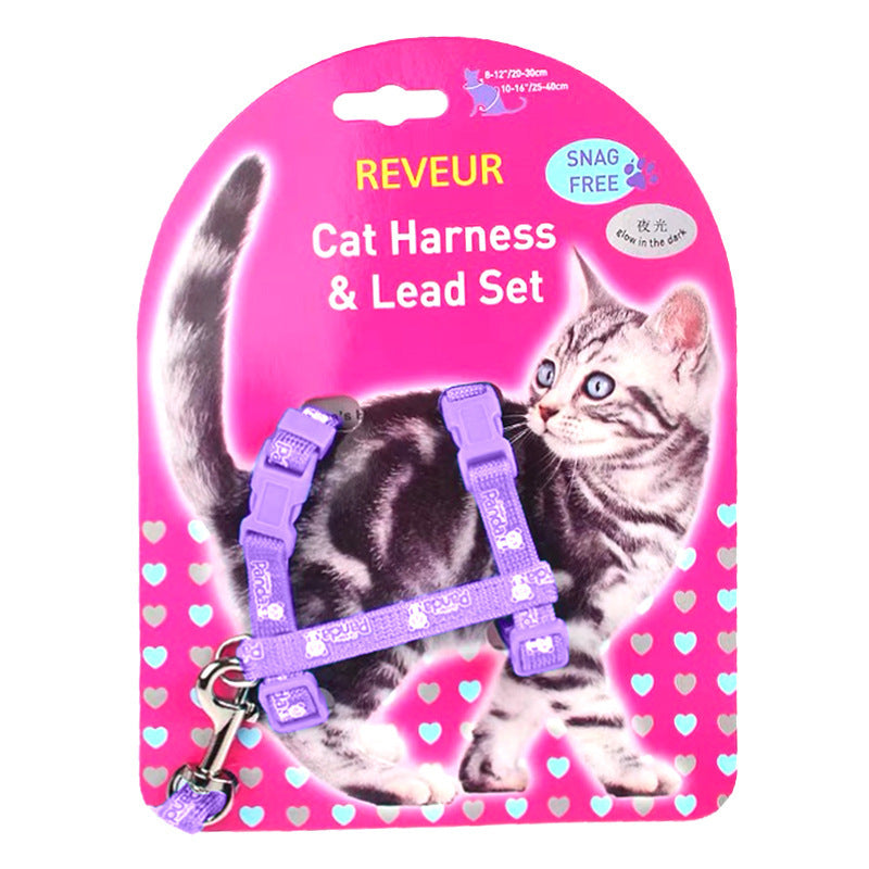 Pink glowing kitty safety harness by Pawlio with adjustable straps and reflective features for secure outdoor walks.