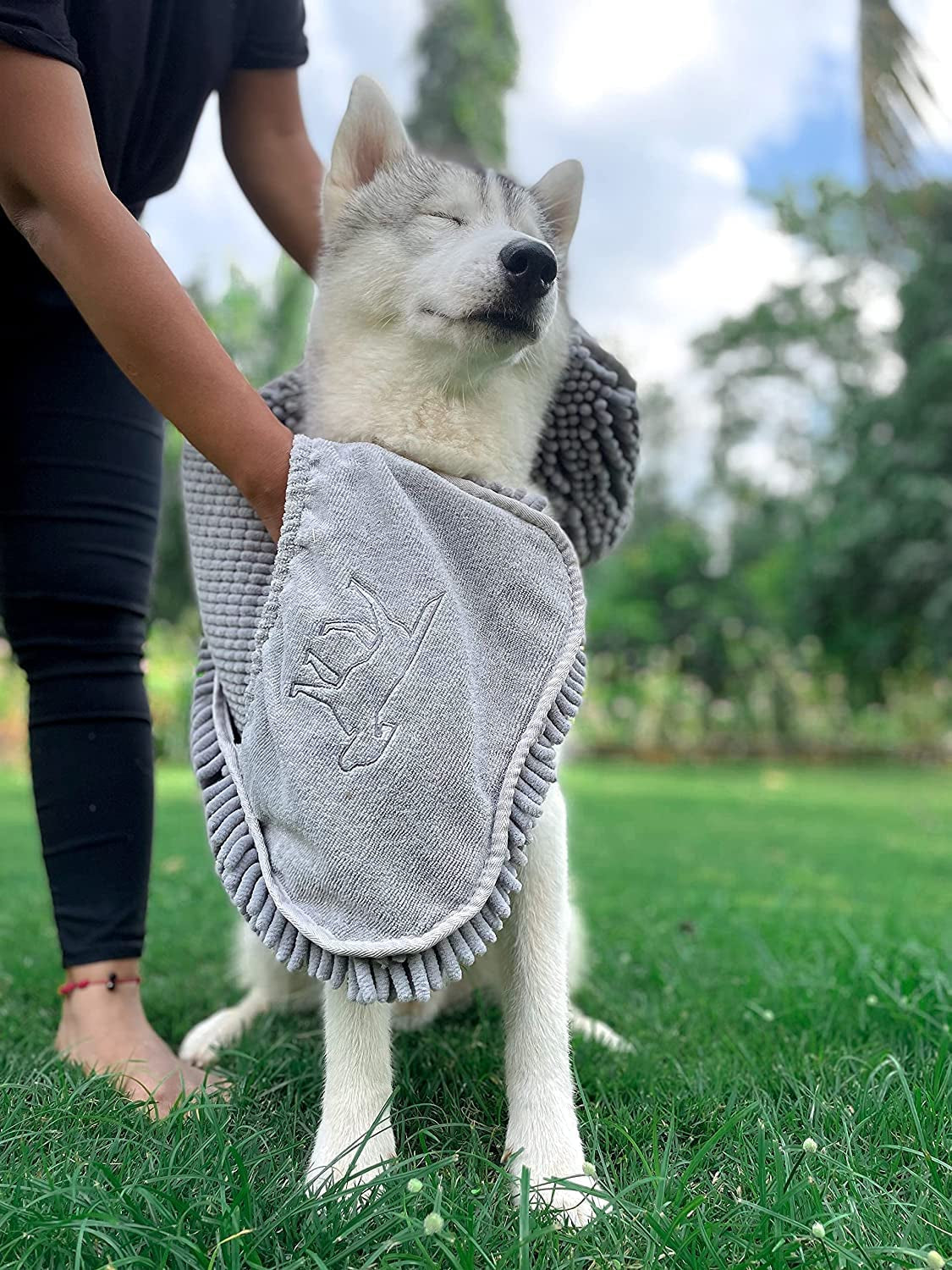 Large Pawlio™ Ultra-Absorbent Quick-Dry Microfiber Dog Towel draped over a dog, showing plush, soft, quick-drying fabric for pets.