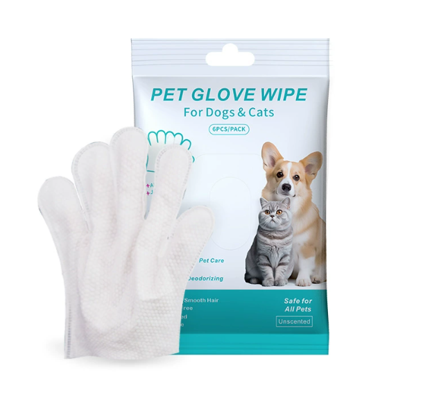 Pawlio pet cleaning gloves and wipes set showing gloves with textured surface and wipes in a package for grooming and cleaning pets.
