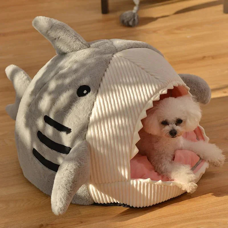 Luxury plush Shark pet bed by Pawlio™, cozy cave bed for dogs and cats with soft, plush interior for comfort.