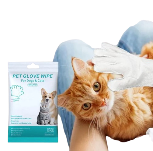 Pawlio pet cleaning gloves and wipes set, showing soft gloves with textured surface and packaged wipes for gentle pet grooming.