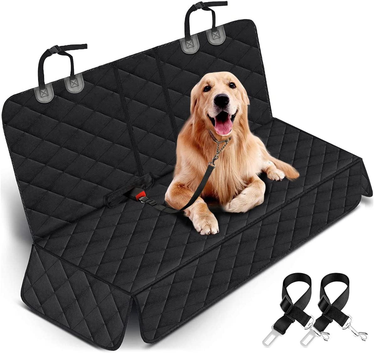 Pawlio™ Universal Dog Back Seat Cover showing durable fabric, adjustable straps, and compatibility with car armrest for pet travel protection.