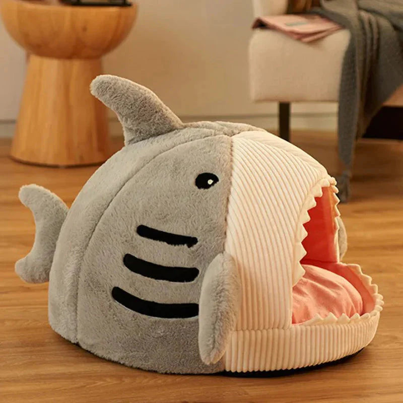 Luxurious plush shark-shaped pet bed by Pawlio™, cozy cave for dogs and cats, soft and comfortable sleep space for pets.