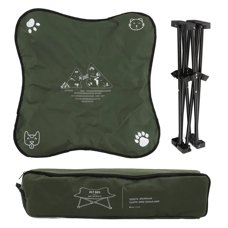 Portable elevated foldable pet bed by Pawlio, featuring a raised design with soft fabric and foldable frame for easy transport.