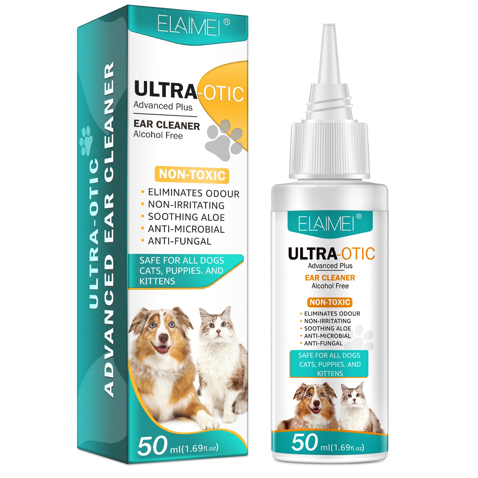 Pawlio Pet Ear Cleaner in a 50ml bottle, clear liquid solution designed for gentle ear cleaning of cats and dogs.