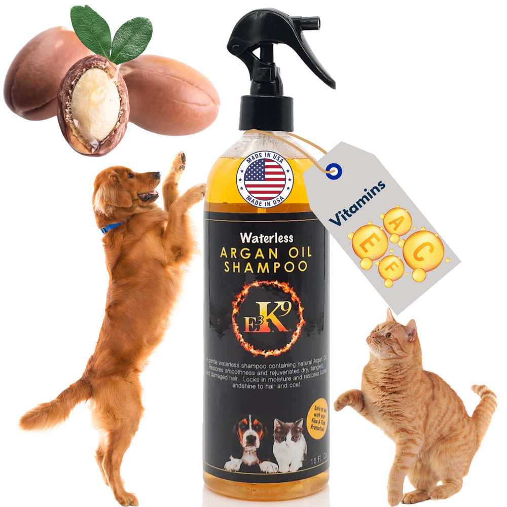 Pawlio ArganPet 16oz water-free no-rinse shampoo bottle for pet coat care with natural argan oil, suitable for quick grooming.