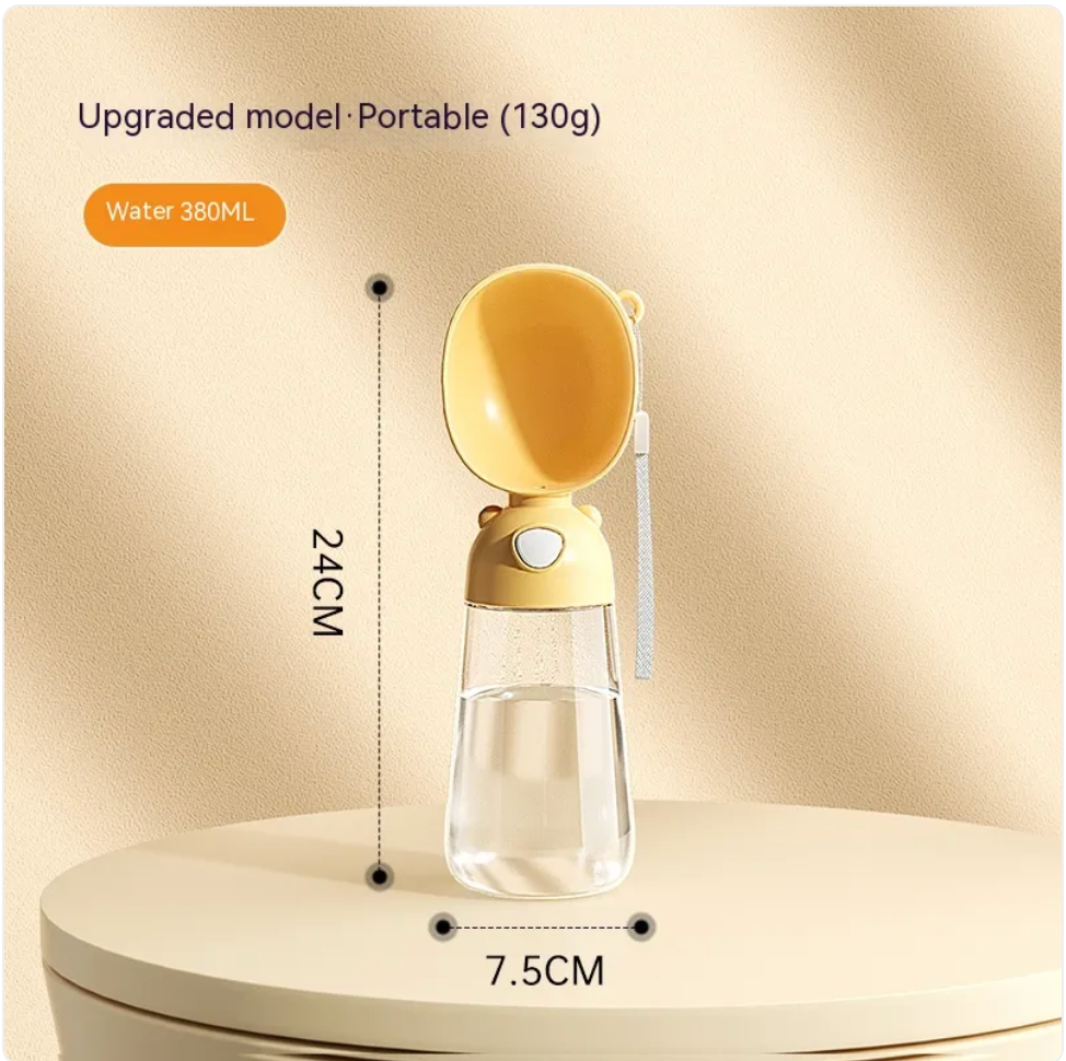 Portable Pawlio dog water bottle and feeder with a built-in bowl, ideal for travel and outdoor pets.