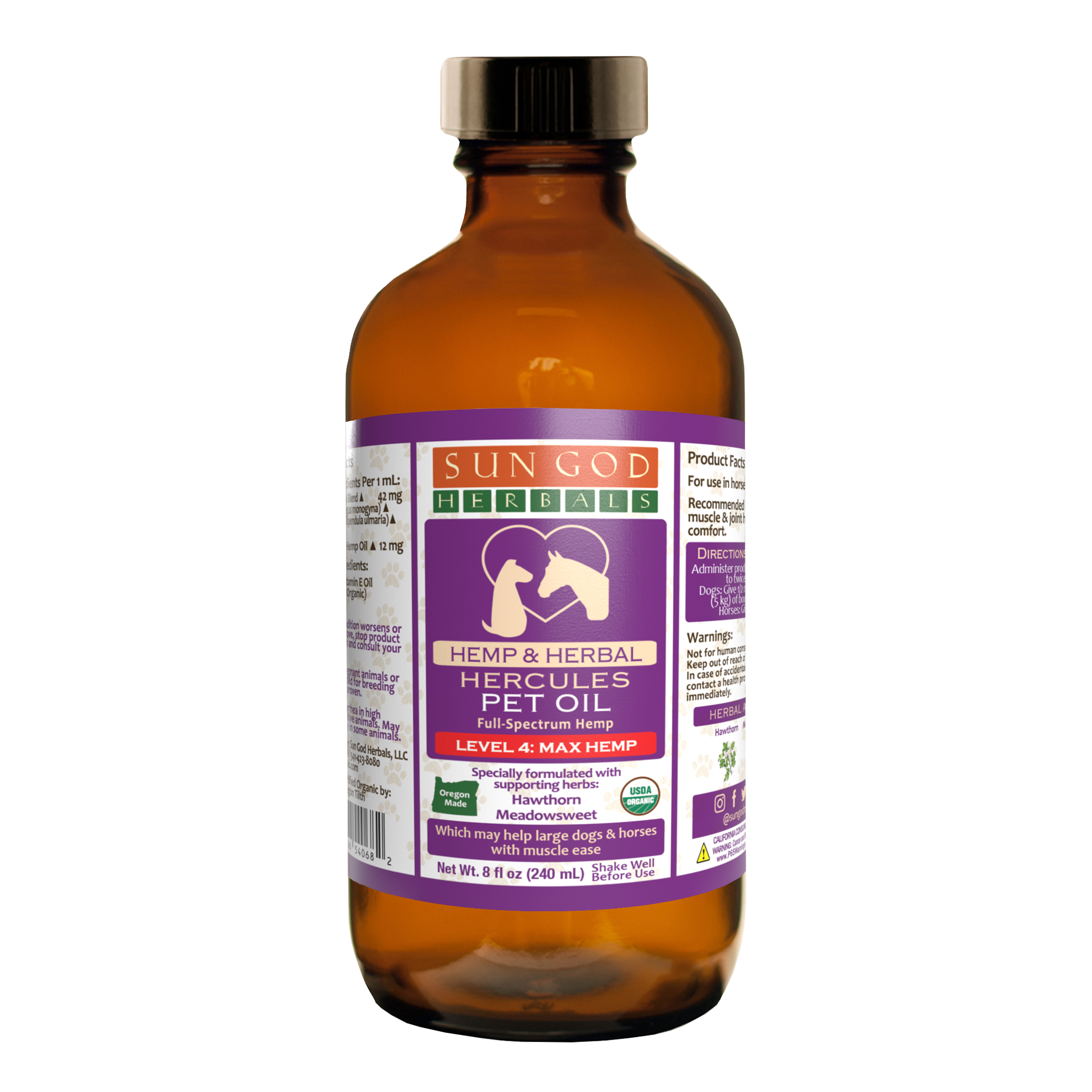 Pawlio Organic Hercules Muscle Relief Hemp Pet Oil in bottle, designed for horses and large dogs, featuring label and applicator.
