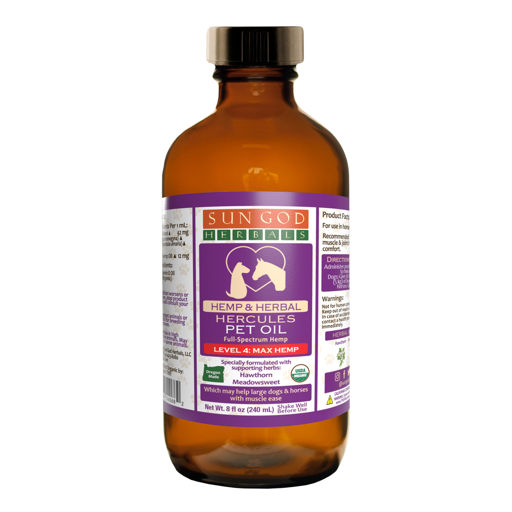 Pawlio Organic Hercules Muscle Relief Hemp Pet Oil in bottle, designed for horses and large dogs, featuring label and applicator.