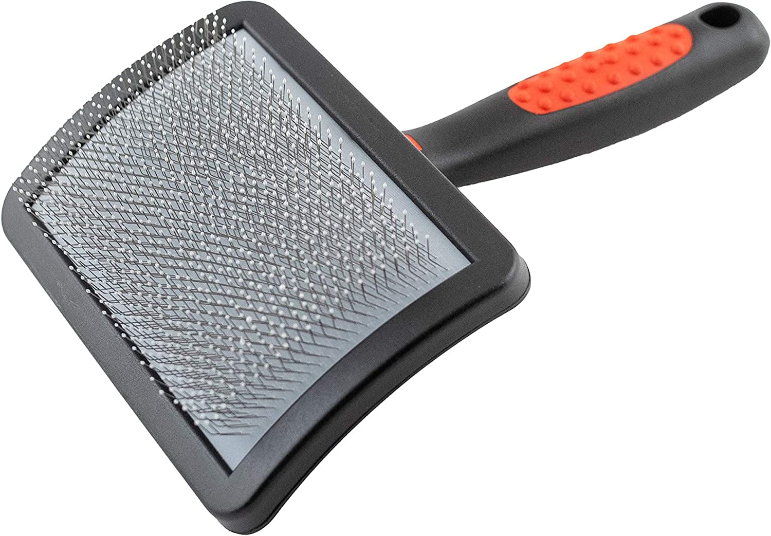 Pawlio™ Professional Curved Slicker Brush for dogs, featuring fine metal bristles for gentle grooming and removing loose fur.
