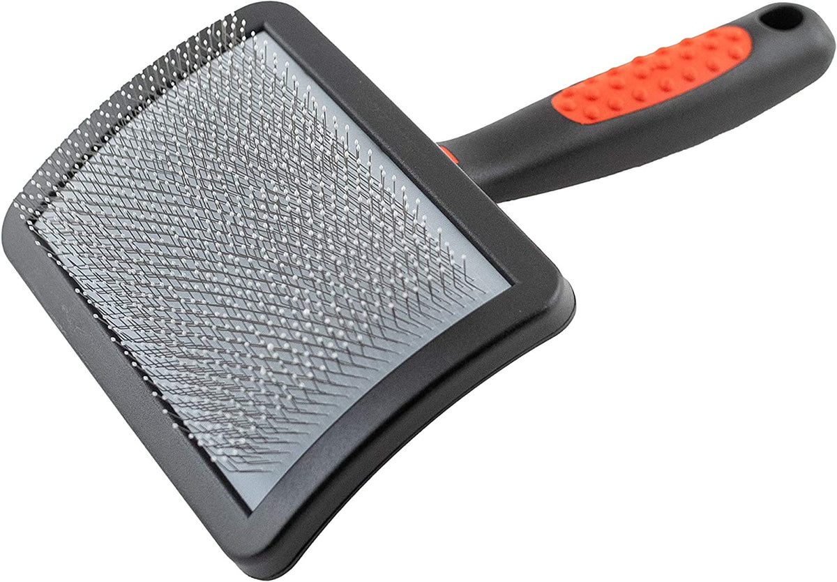 Pawlio™ Professional Curved Slicker Brush for dogs, featuring fine metal bristles for gentle grooming and removing loose fur.
