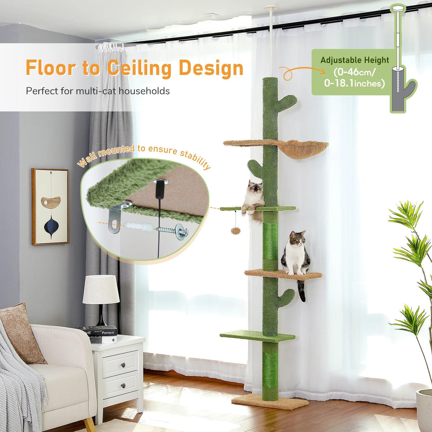 Pawlio cactus-themed 5-tier cat tree tower with floor-to-ceiling climbing posts and cozy platforms for feline play and rest.