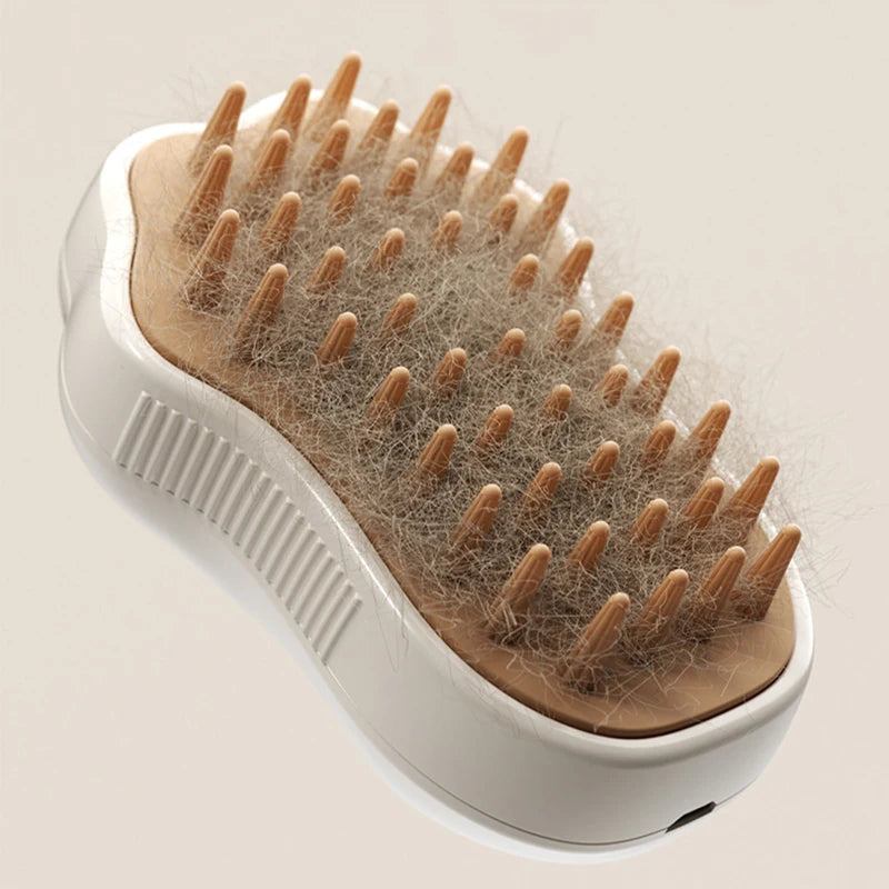 Pawlio™ 3-in-1 steam pet grooming brush showing its ergonomic handle and steam vents for gentle pet grooming.