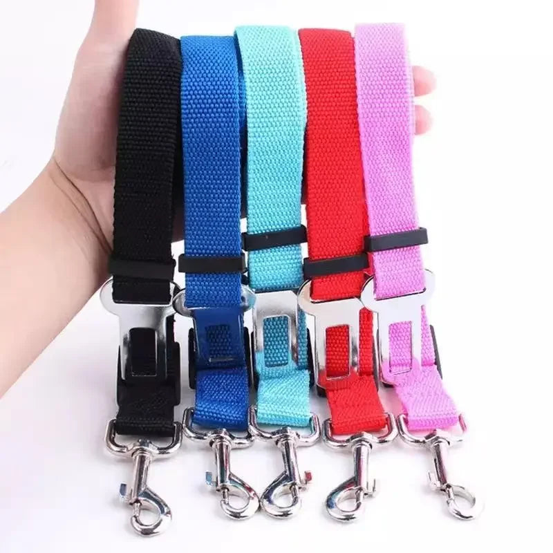 Pawlio™ adjustable dog car seat belt and safety harness clipped to a dog's harness inside a vehicle for secure travel.