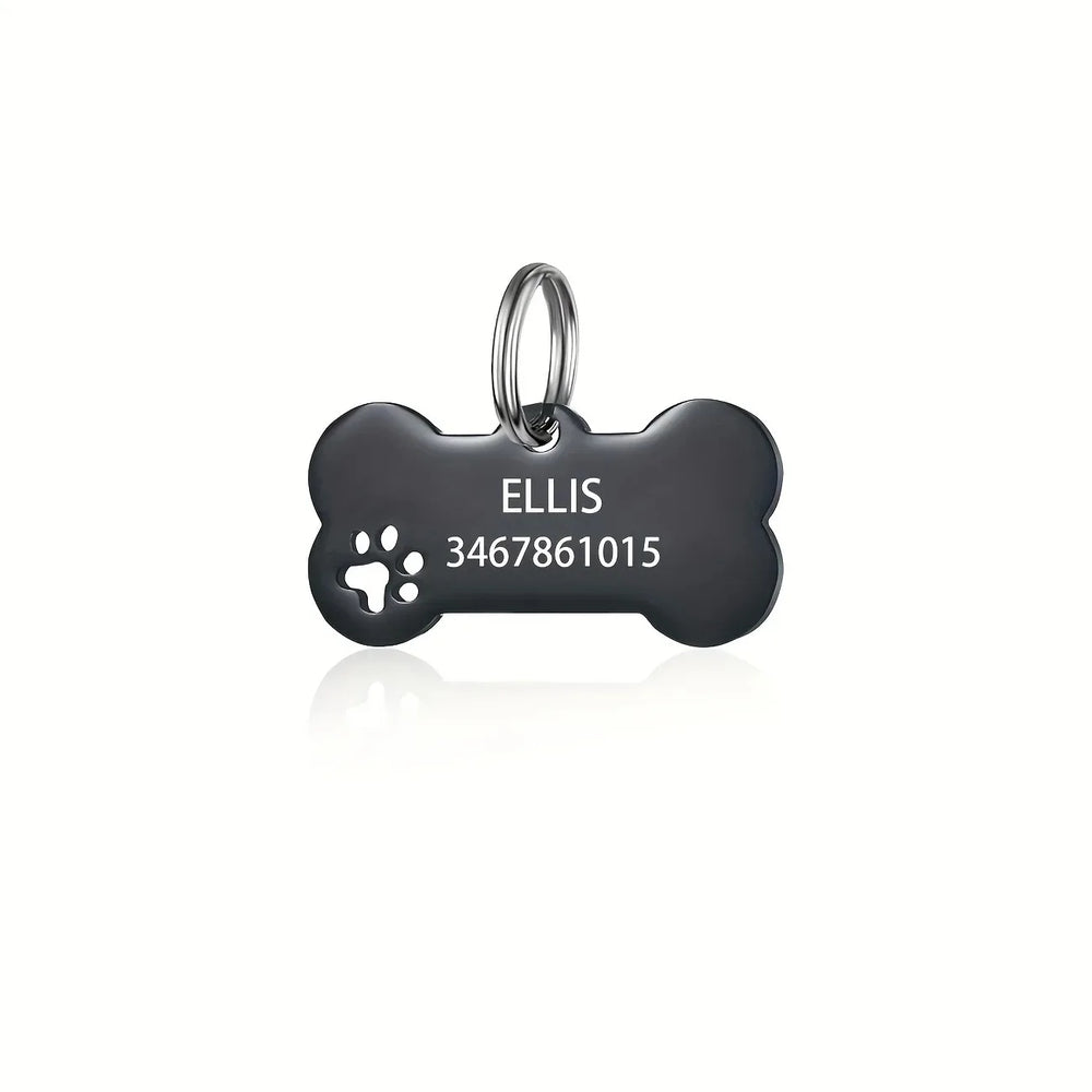 Personalized engraved bone-shaped dog and cat pet tags with name and phone number, high-quality brass from Pawlio.