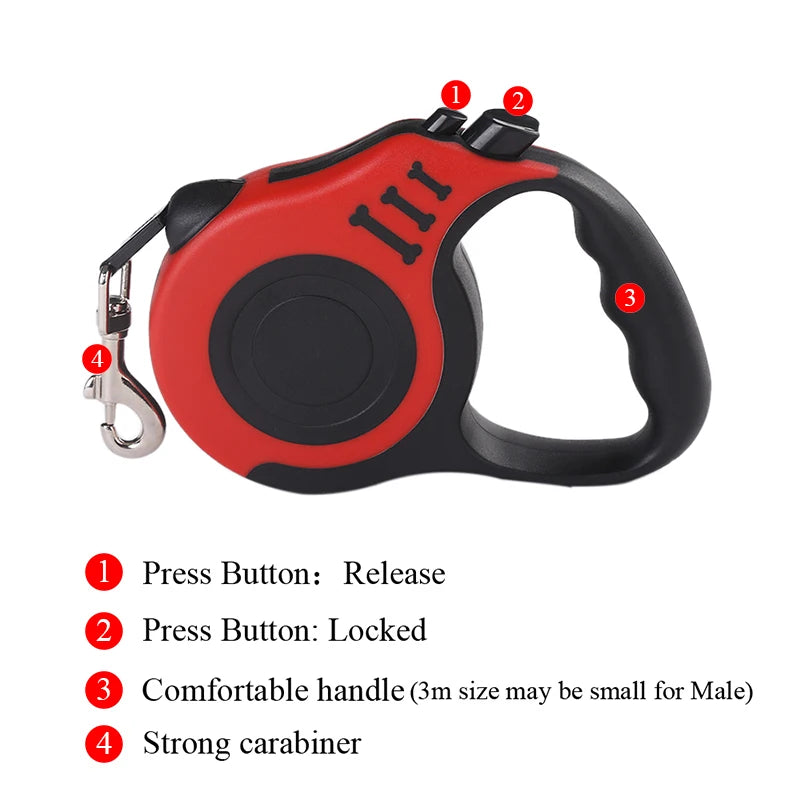 Pawlio™ Automatic Retractable Dog Leash with 3m and 5m durable lead, showing the leash extended with a dog walking on a sidewalk.