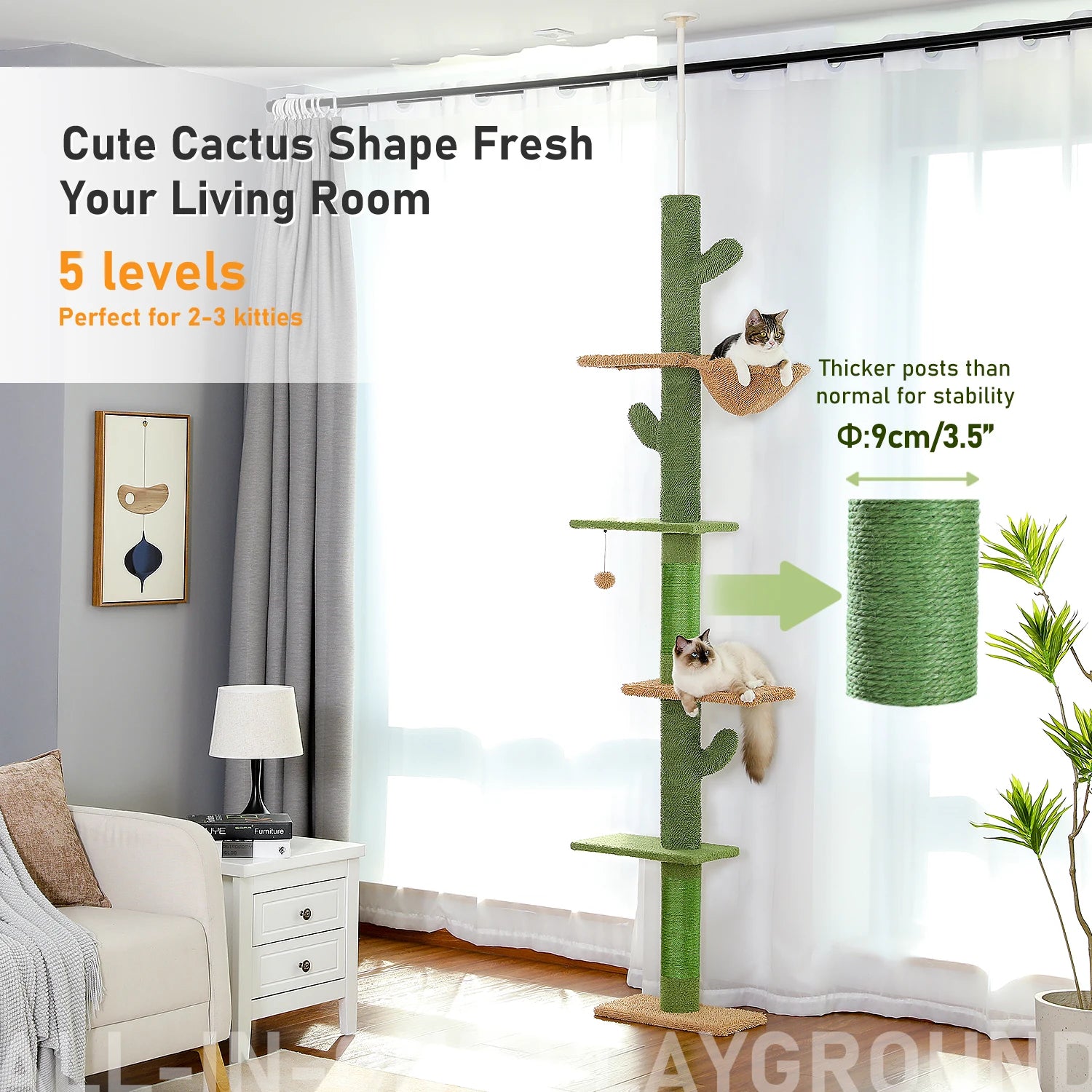 Pawlio cactus-themed 5-tier cat tree tower with multiple levels and platforms for climbing and scratching, designed for indoor cats.