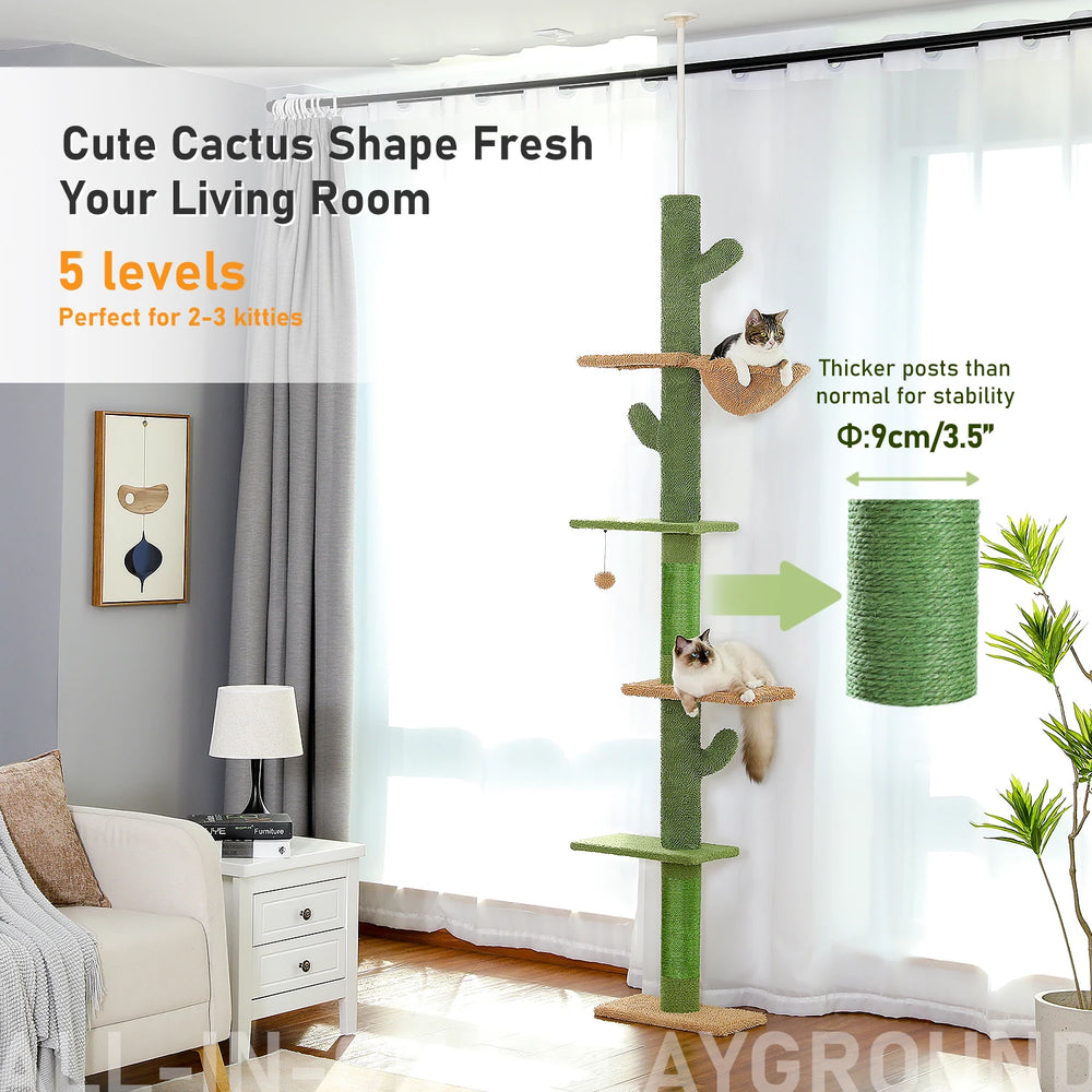 Pawlio cactus-themed 5-tier cat tree tower with multiple levels and platforms for climbing and scratching, designed for indoor cats.