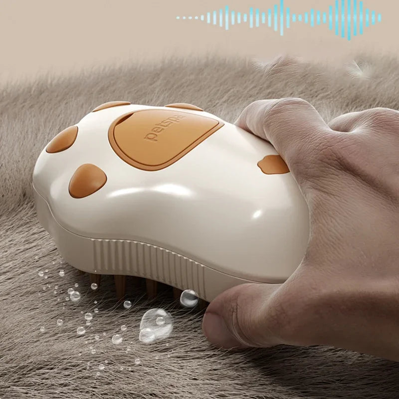 Pawlio™ 3-in-1 steam pet grooming brush showing the brush with steam vents and ergonomic handle for gentle pet grooming.