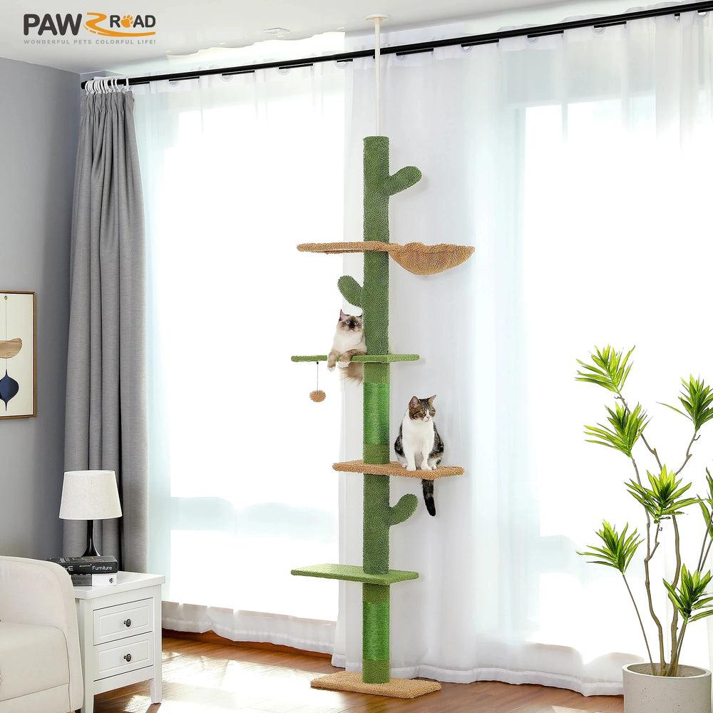 Pawlio Cactus Cat Tree Tower, 5-tier floor-to-ceiling climber with green cactus-shaped platforms and sisal scratching posts for cats.
