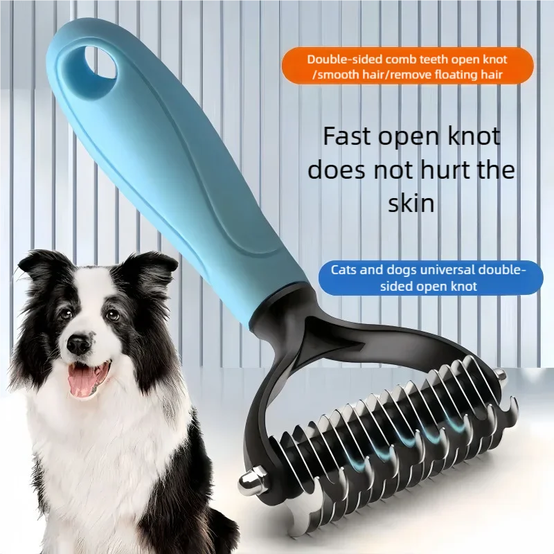 Pawlio™ double-sided pet deshedding brush and dematting comb for professional grooming, with ergonomic handle and stainless steel teeth.
