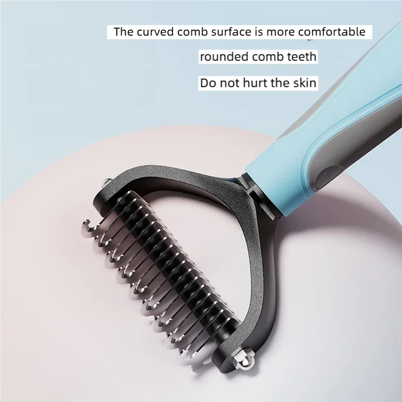 Pawlio™ double-sided pet deshedding brush and dematting comb with ergonomic handle, ideal for grooming dogs and cats.
