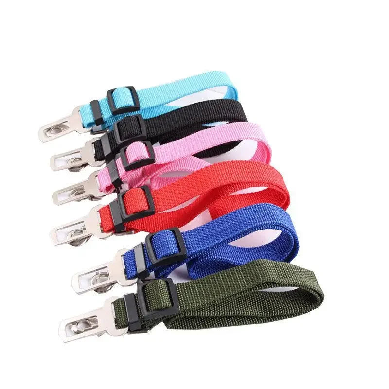 Pawlio™ adjustable dog car seat belt and safety harness attached to a car seat, designed for secure pet travel.